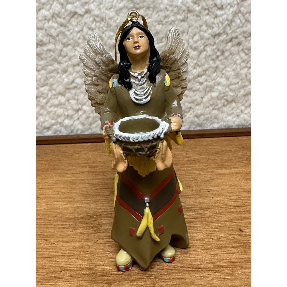 Native American Style Angel Ornament Resin Figurine Holding Basket 4.25in